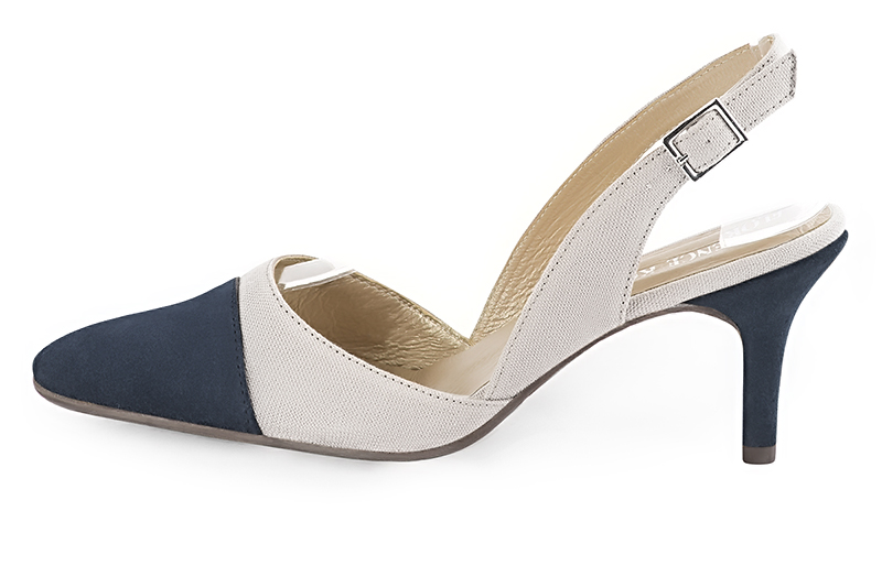 Navy blue and pearl grey women's slingback shoes. Tapered toe. High slim heel. Profile view - Florence KOOIJMAN